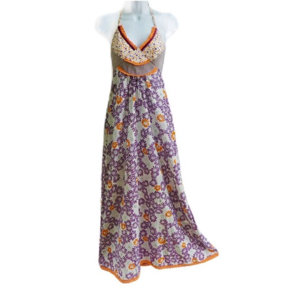 Zara TRF Maxi Halter Dress Floral Hippy Boho Lightweight Lace Trim Smocked Back